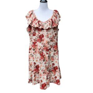 Cato Plus Multicolor Floral Print Dress Cream Red Flounce Hem Crepe Ruffle